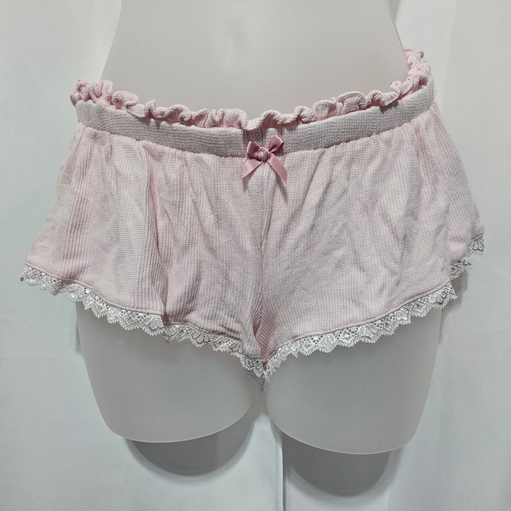Y2K Edikted Pink Knit Lace Trim Lounge Micro Shorts Ruffle Bow sz XS Coquette